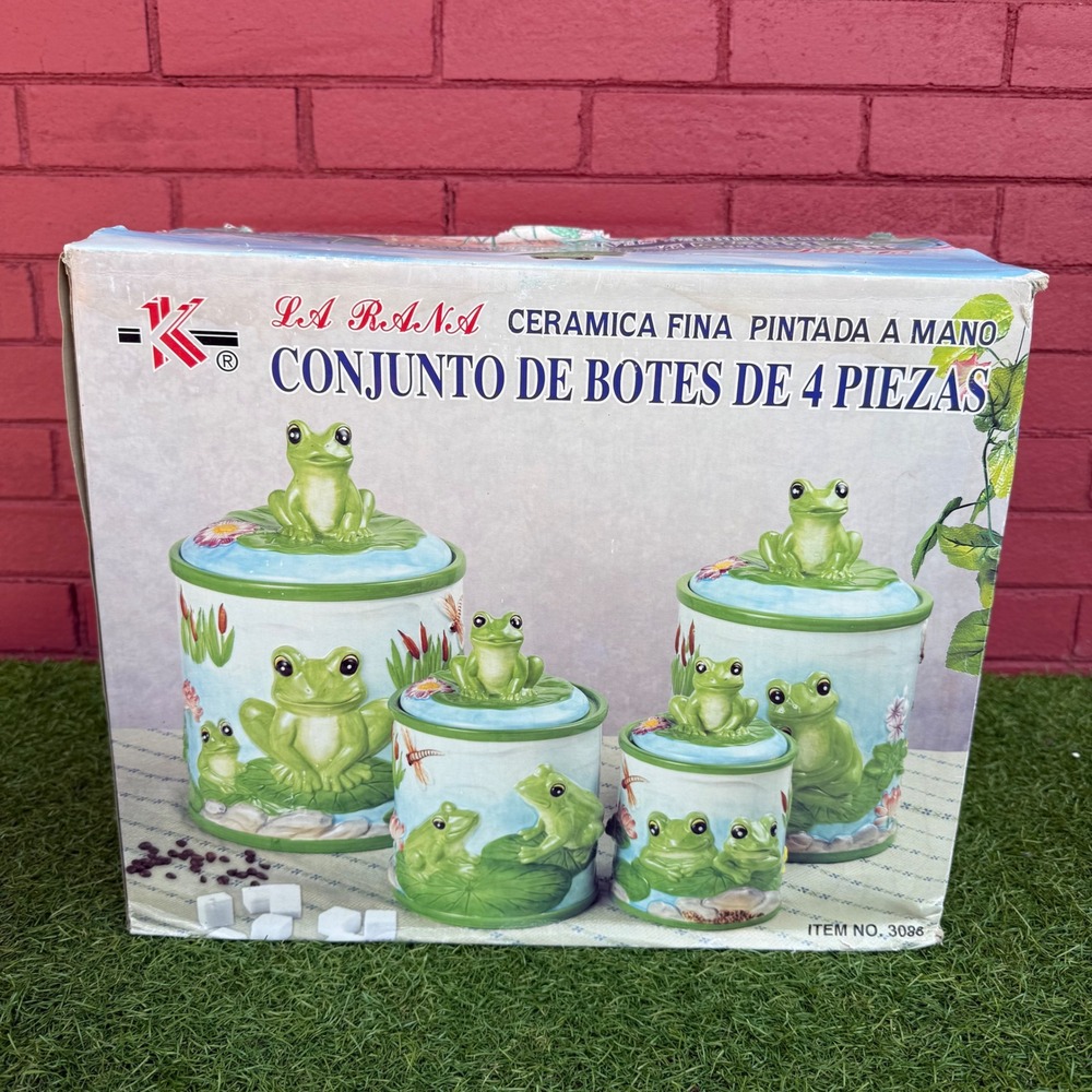KK Ceramics Frog Canister‎ Set of 4 Hand Painted Cottagecore Cookie Jar Green